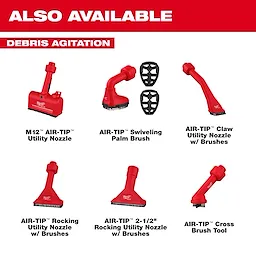 Image displaying various AIR-TIP™ Debris Agitation tools with a red and white color scheme. Products include M12™ AIR-TIP™ Utility Nozzle, AIR-TIP™ Swiveling Palm Brush, AIR-TIP™ Claw Utility Nozzle with Brushes, AIR-TIP™ Rocking Utility Nozzle with Brushes, AIR-TIP™ 2-1/2" Rocking Utility Nozzle with Brushes, and AIR-TIP™ Cross Brush Tool.