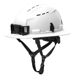 The image shows a BOLT™ White Full Brim Vented Safety Helmet – Type 2, Class C. The helmet features air vents for breathability and a chin strap for secure fitting. It is designed for safety in construction or industrial environments.