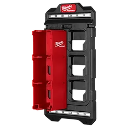 PACKOUT Compact Wall Plate with red compartments for tool storage and black frame background. Wall-mountable and stackable.