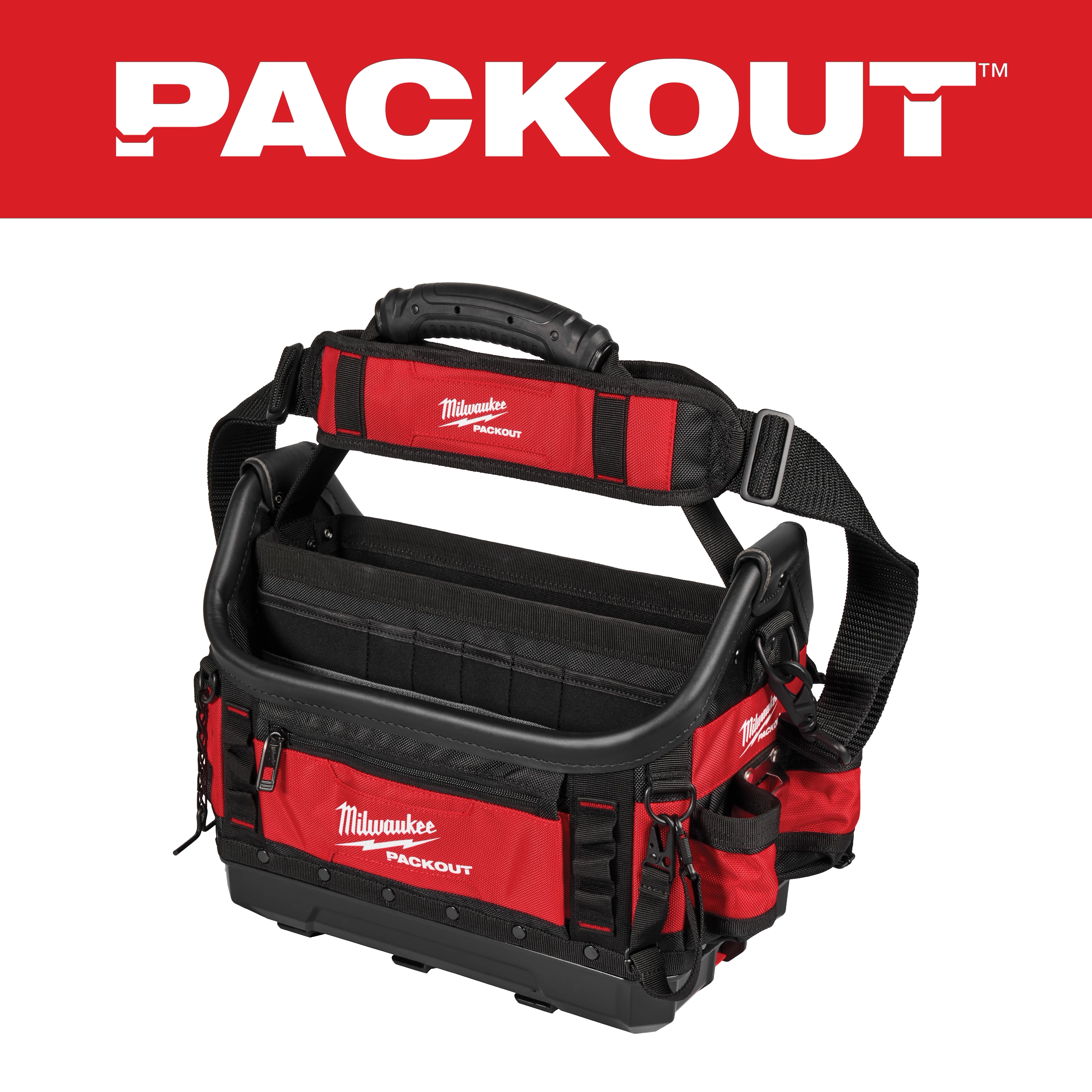 Milwaukee PACKOUT tool bag with a black handle, red and black color scheme, multiple pockets, and adjustable shoulder strap.