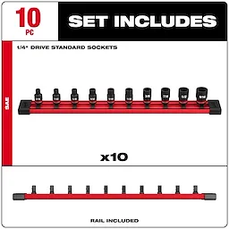 The 10-piece set includes 1/4" drive standard SAE sockets, ranging in sizes from 3/16" to 9/16". The set comes with a red socket rail for organization.