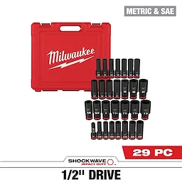 The SHOCKWAVE 1/2 in. Drive SAE and Metric 6 Point Impact Socket Set (29-Piece) includes various sockets with sizes in SAE and Metric measurements in a red Milwaukee carrying case. The set is clearly labeled and organized with sockets displayed in rows.