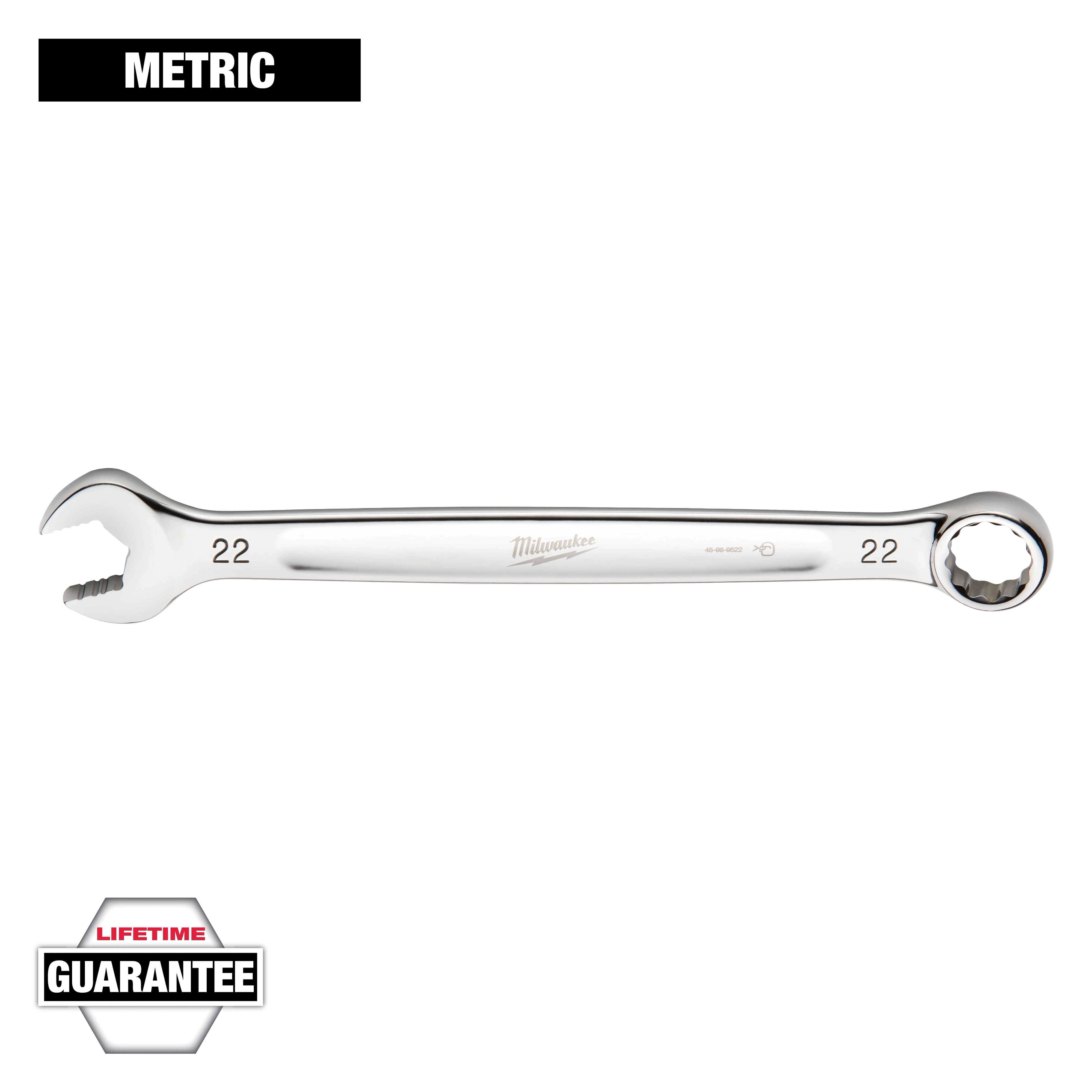 This image shows a Milwaukee brand 22-mm metric wrench with one open end and one closed ratcheting end. The wrench is backed by a lifetime guarantee, prominently noted in the lower left corner.