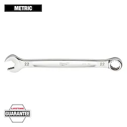 This image shows a Milwaukee brand 22-mm metric wrench with one open end and one closed ratcheting end. The wrench is backed by a lifetime guarantee, prominently noted in the lower left corner.