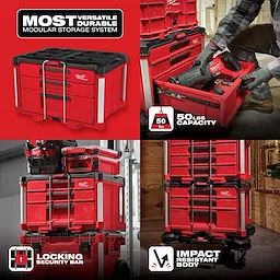 Hover Image showcases a red and black modular storage system with locking security bar, 50 lbs capacity, and impact-resistant body.