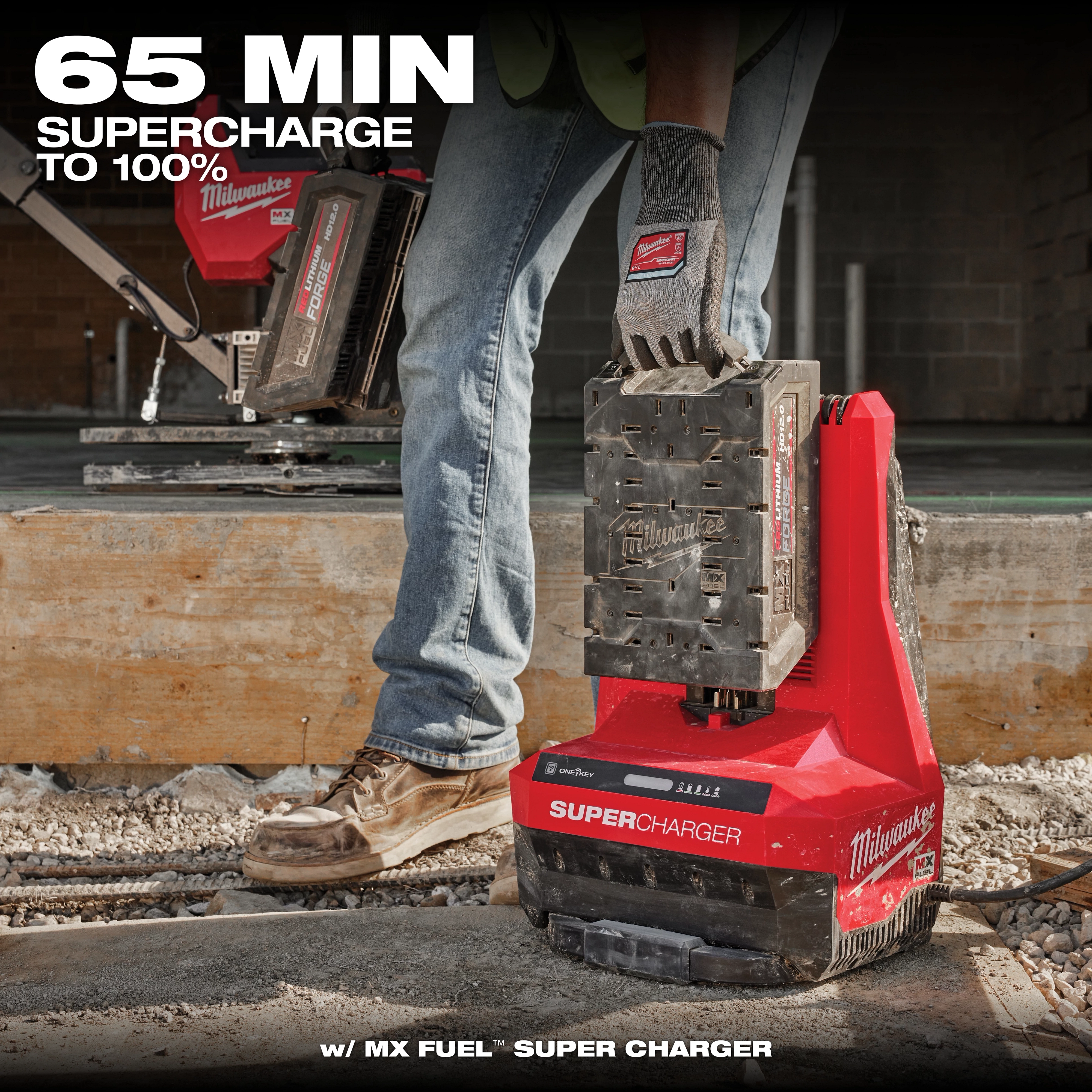 A person is inserting the MX FUEL™ REDLITHIUM™ FORGE™ HD12.0 BATTERY PACK into a Milwaukee Super Charger on a construction site. The text "65 Min Supercharge to 100%" is displayed on the top left.