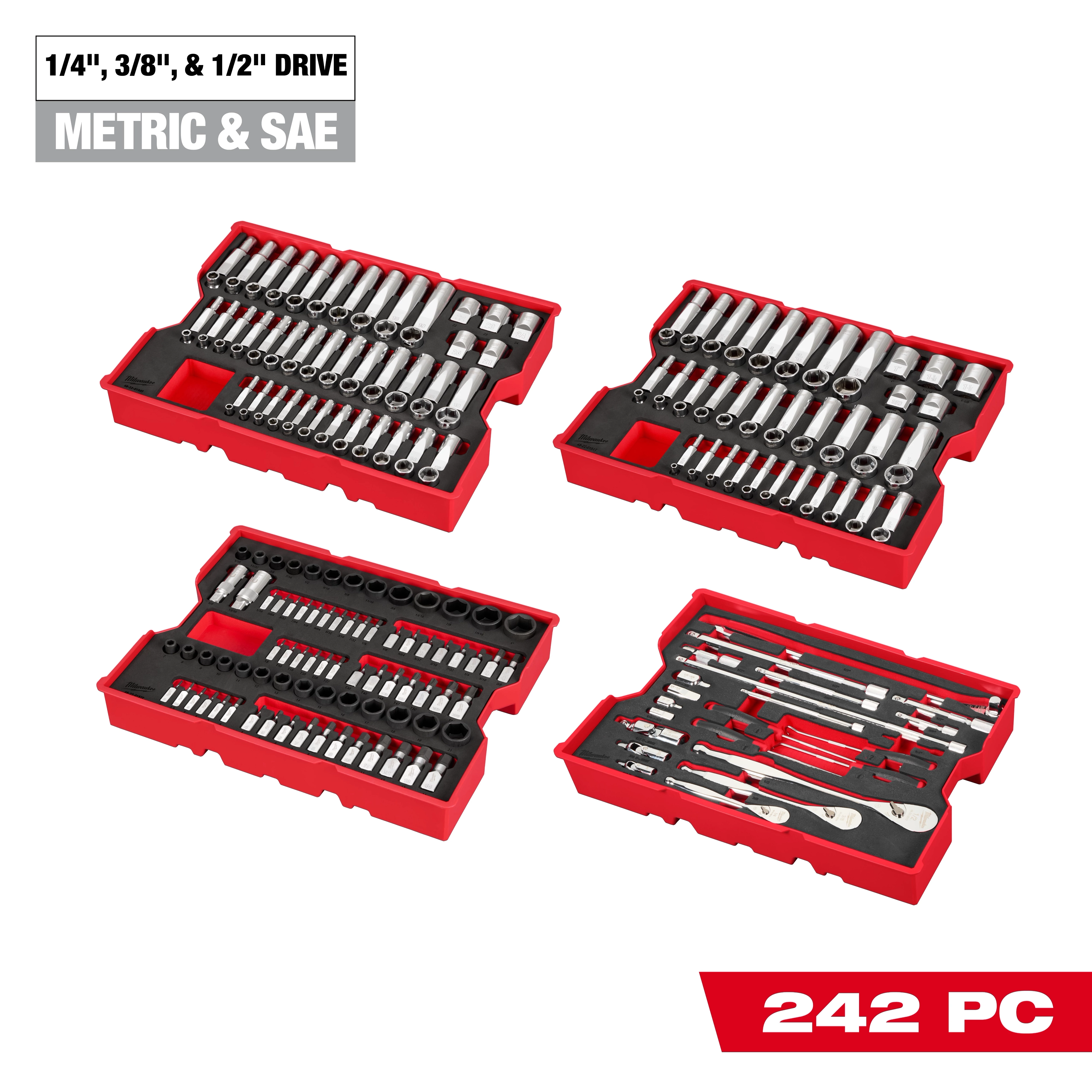 The 242pc. 1/4”, 3/8”, & 1/2” Drive Metric & SAE Ratchet & Socket Set with Trays for PACKOUT™ Drawers is shown partially, featuring organized red trays containing various sizes of sockets and ratchets suitable for metric and SAE measurements.