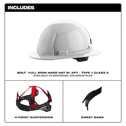 The image features the Milwaukee BOLT White Full Brim Hard Hat with 4-point ratcheting suspension, Type 1, Class E. Included components are the 4-point suspension system and a sweatband.