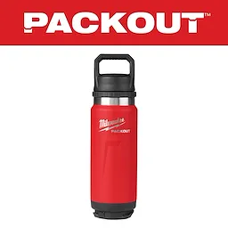 Milwaukee Packout Primary Image shows a red insulated water bottle with a black lid and handle, featuring the Milwaukee logo.