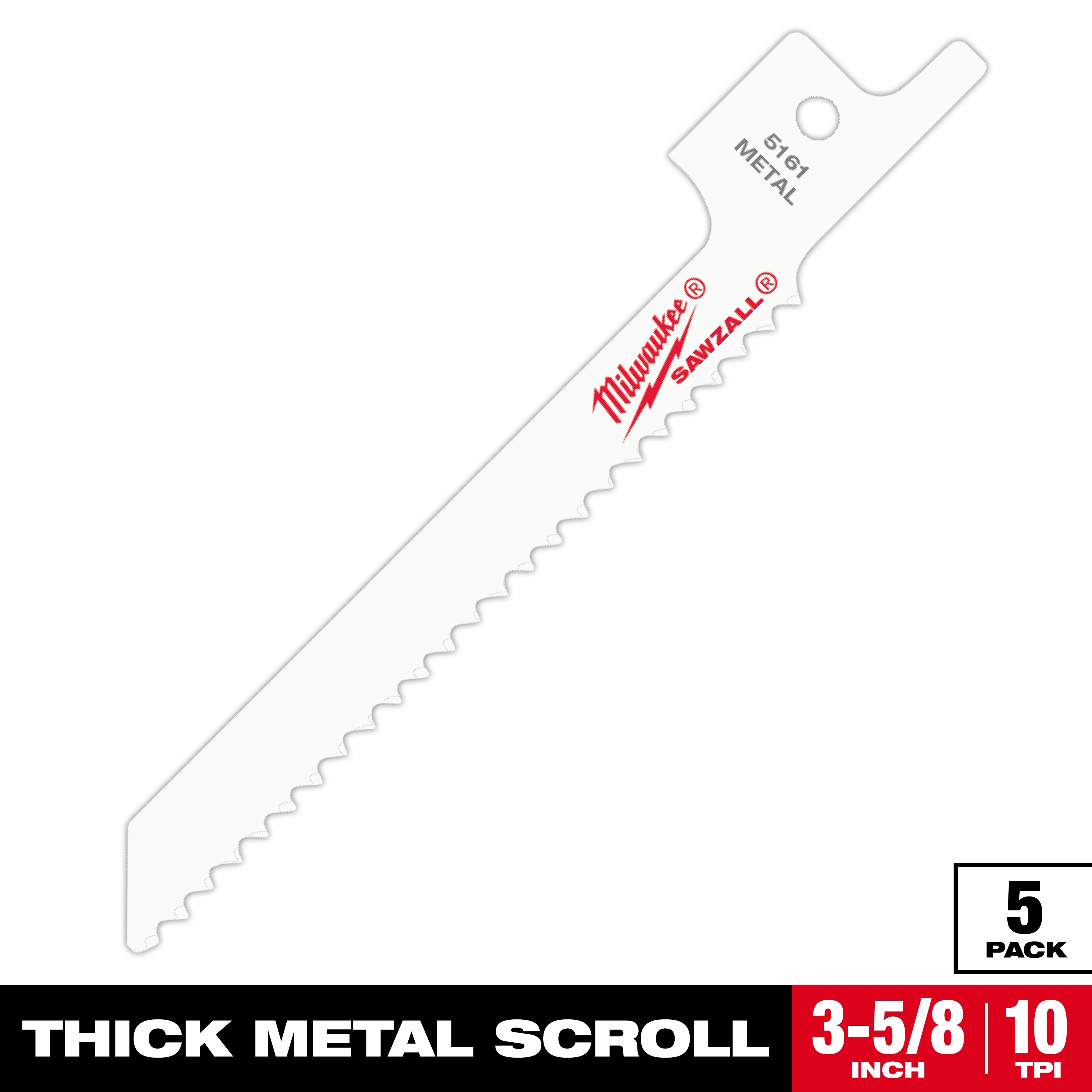 Milwaukee Sawzall thick metal scroll blade, 3-5/8 inch length, 10 TPI, is shown. Pack of 5.