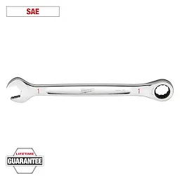 The image shows a shiny Milwaukee SAE combination wrench with an open-end and a ratcheting box-end, marked with the number "1." The wrench comes with a lifetime guarantee. Labels "SAE" and "LIFETIME GUARANTEE" are also displayed.