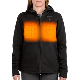 M12™ Women's Heated Hoodie in black, featuring orange heating zones across the chest area. The front has a zipper and two pockets. The Milwaukee logo is visible on the upper left side.