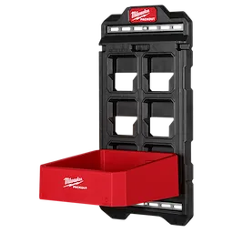 Black PACKOUT Compact Wall Plate with multiple mounting slots and a red storage bin attached at the bottom.
