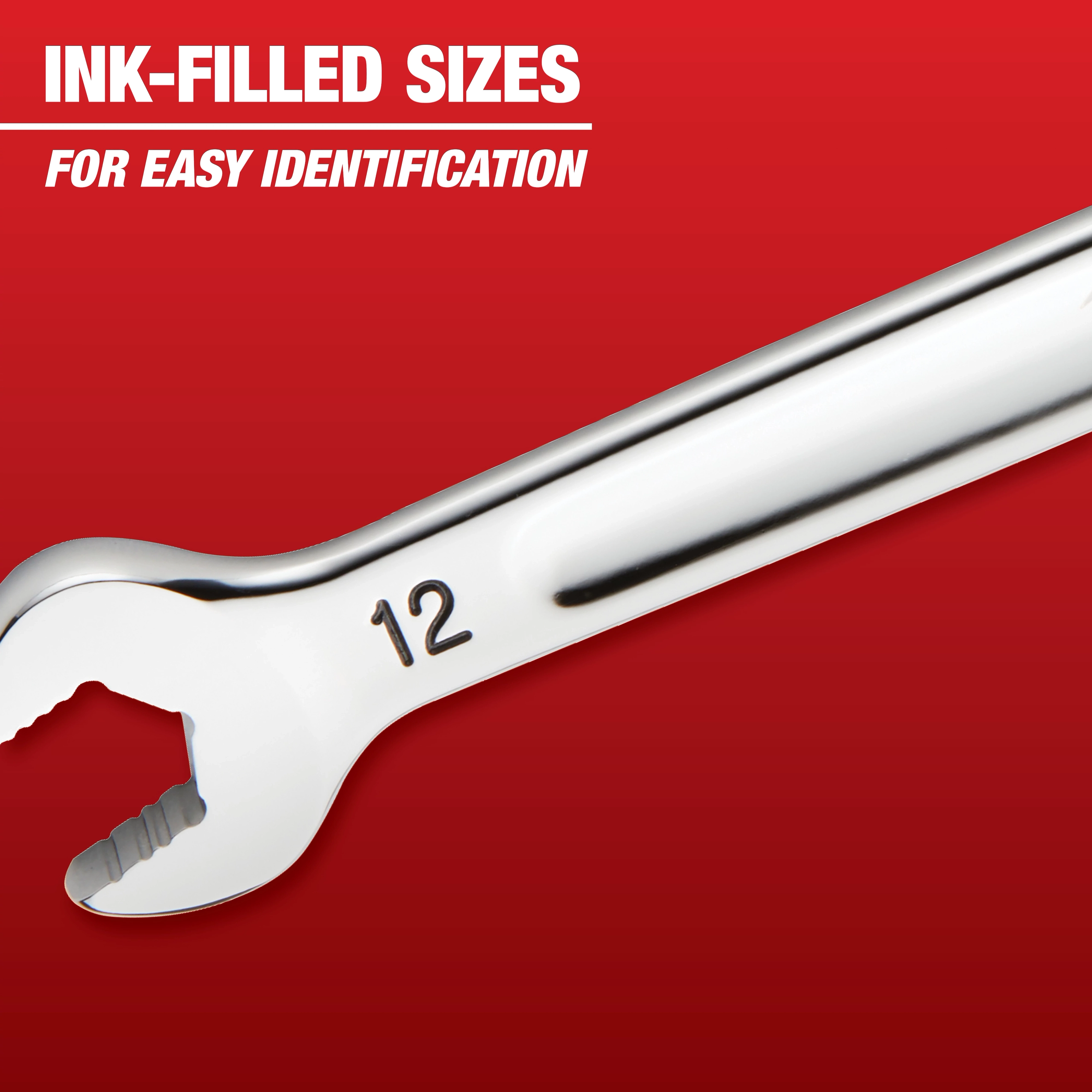 The image shows a close-up of a chrome wrench with "12" ink-filled for easy size identification against a red background. The caption reads, "INK-FILLED SIZES FOR EASY IDENTIFICATION." The image features Mechanic Hand Tools.