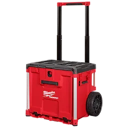 The PACKOUT™ Rolling Drawer Tool Box is a red and black portable tool storage unit with large wheels and a telescoping handle, designed by Milwaukee.