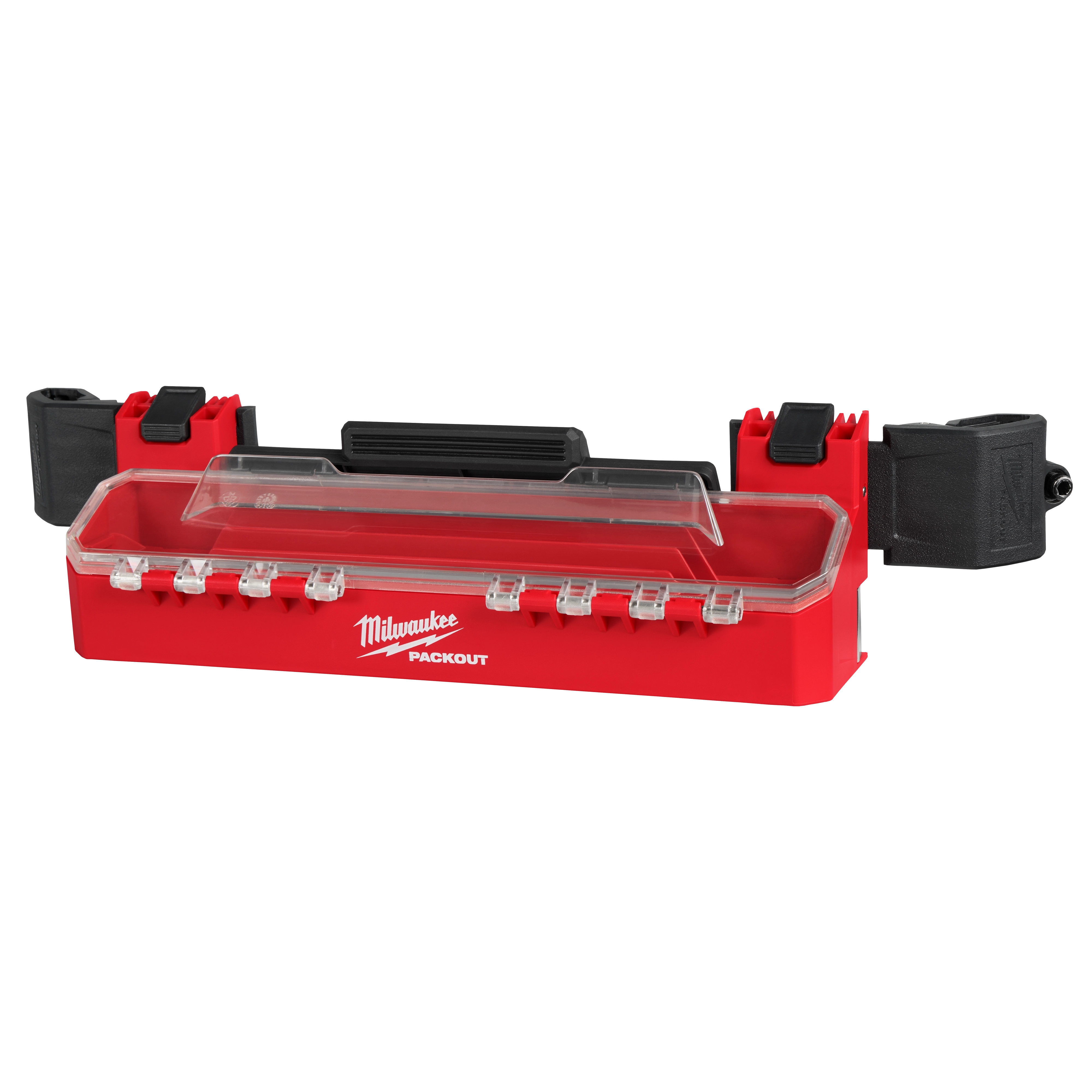 The PACKOUT Tool Box Accessory Case Attachment is a durable red storage unit with a transparent lid. It features multiple latches for secure closure and black clamps on the sides.