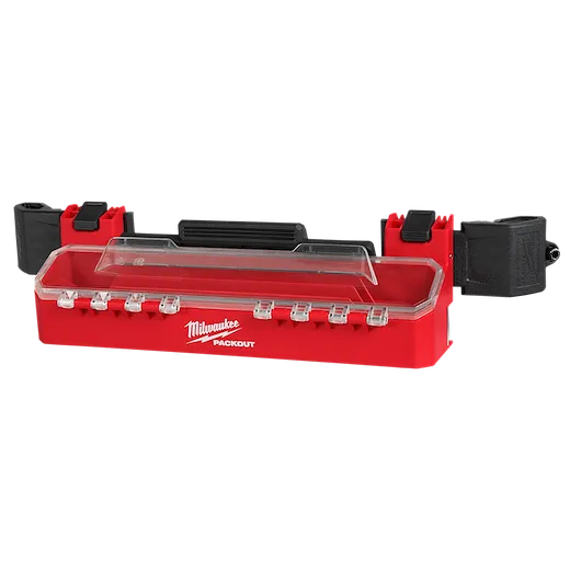 The PACKOUT Tool Box Accessory Case Attachment is a durable red storage unit with a transparent lid. It features multiple latches for secure closure and black clamps on the sides.