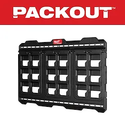 PACKOUT Large Wall Plate by Milwaukee, black, with multiple slots for tool storage, displayed with the PACKOUT brand logo above.