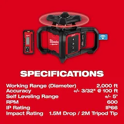 M18™ Red Exterior Rotary Laser Level Kit w/ Receiver Specs