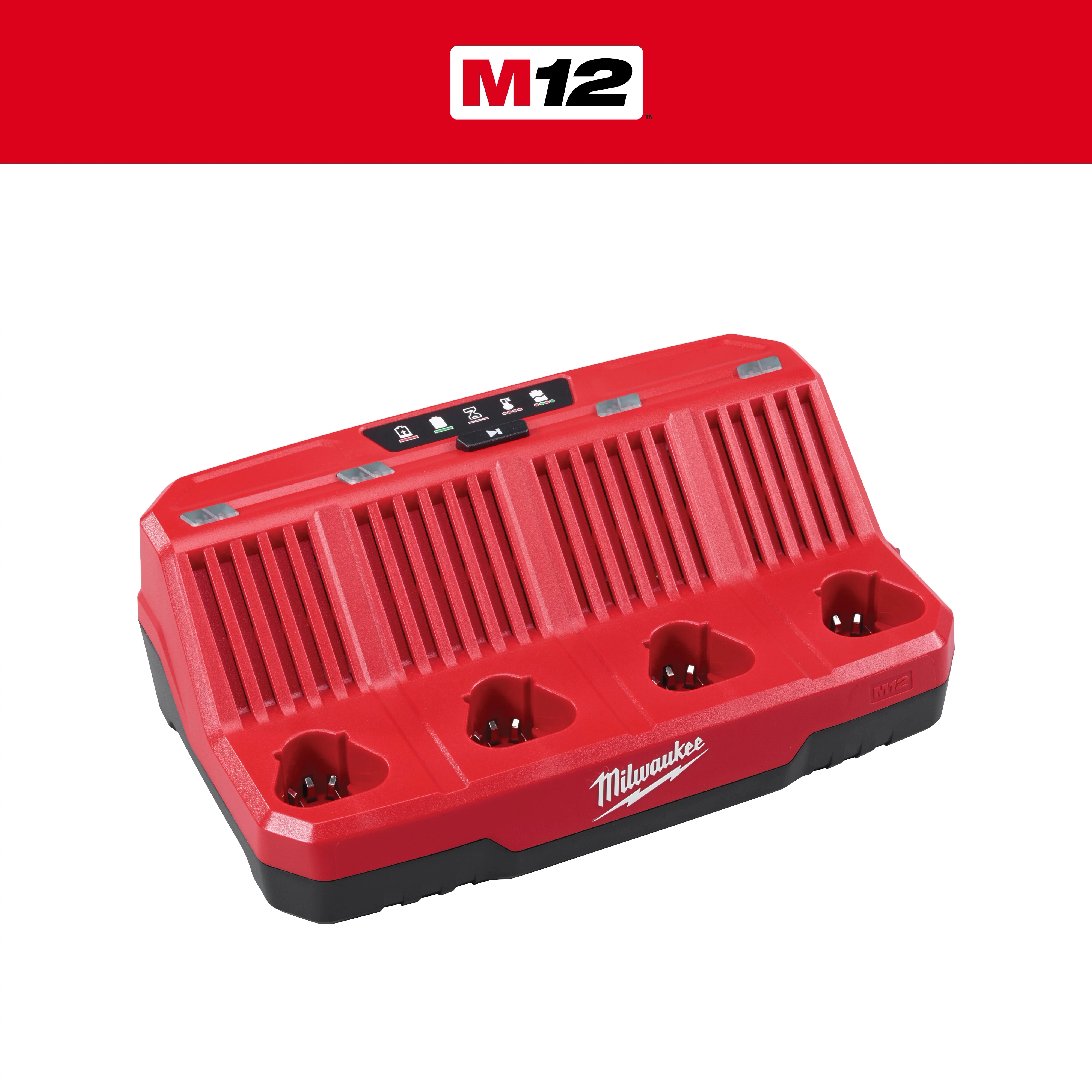 The M12™ Four Bay Standard Charger by Milwaukee is a red and black charging station designed to hold and charge up to four M12 batteries simultaneously. The Milwaukee logo is prominently displayed on the front.