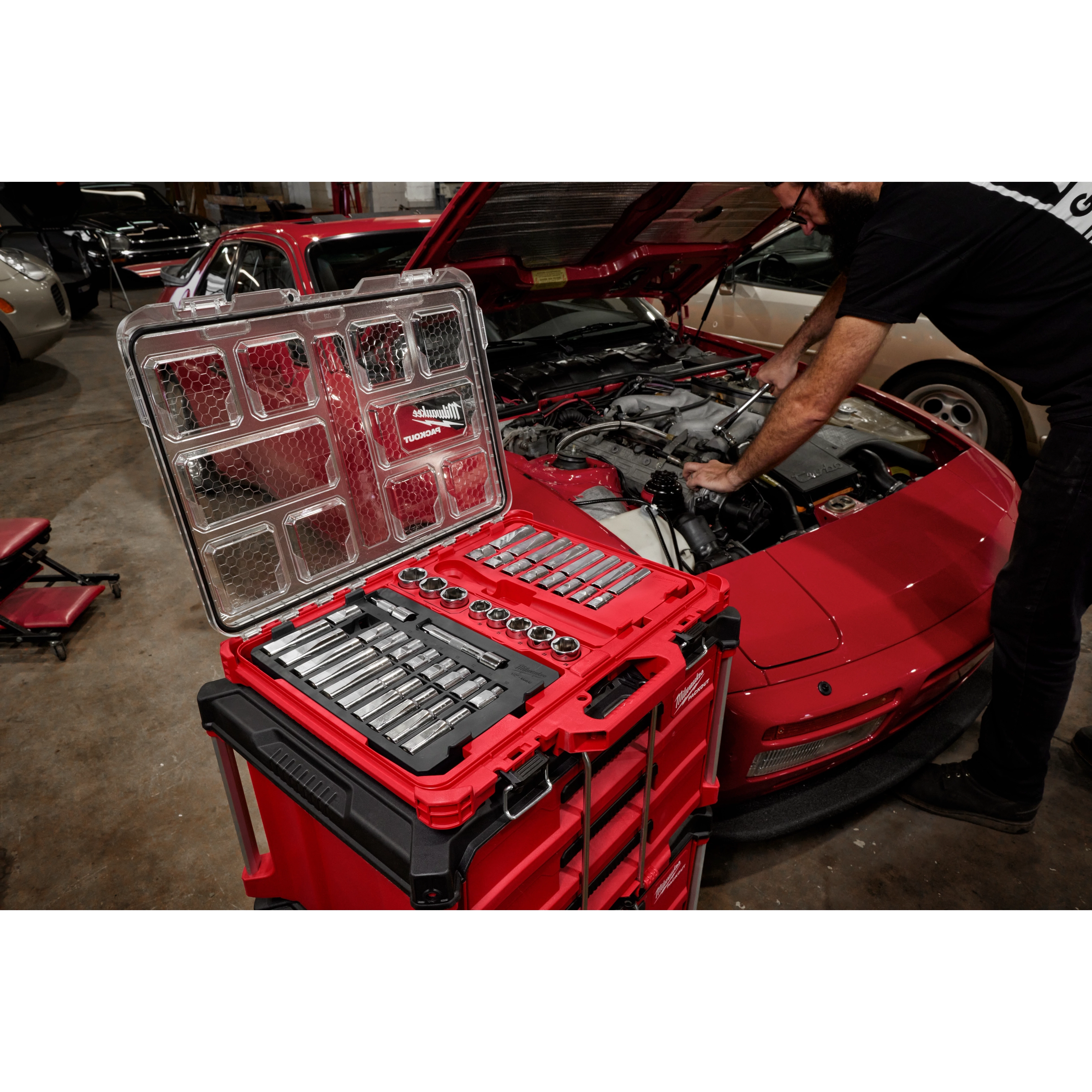 1/2” Drive Ratchet and Socket Set w/ Low-Profile PACKOUT Low-Profile Organizer