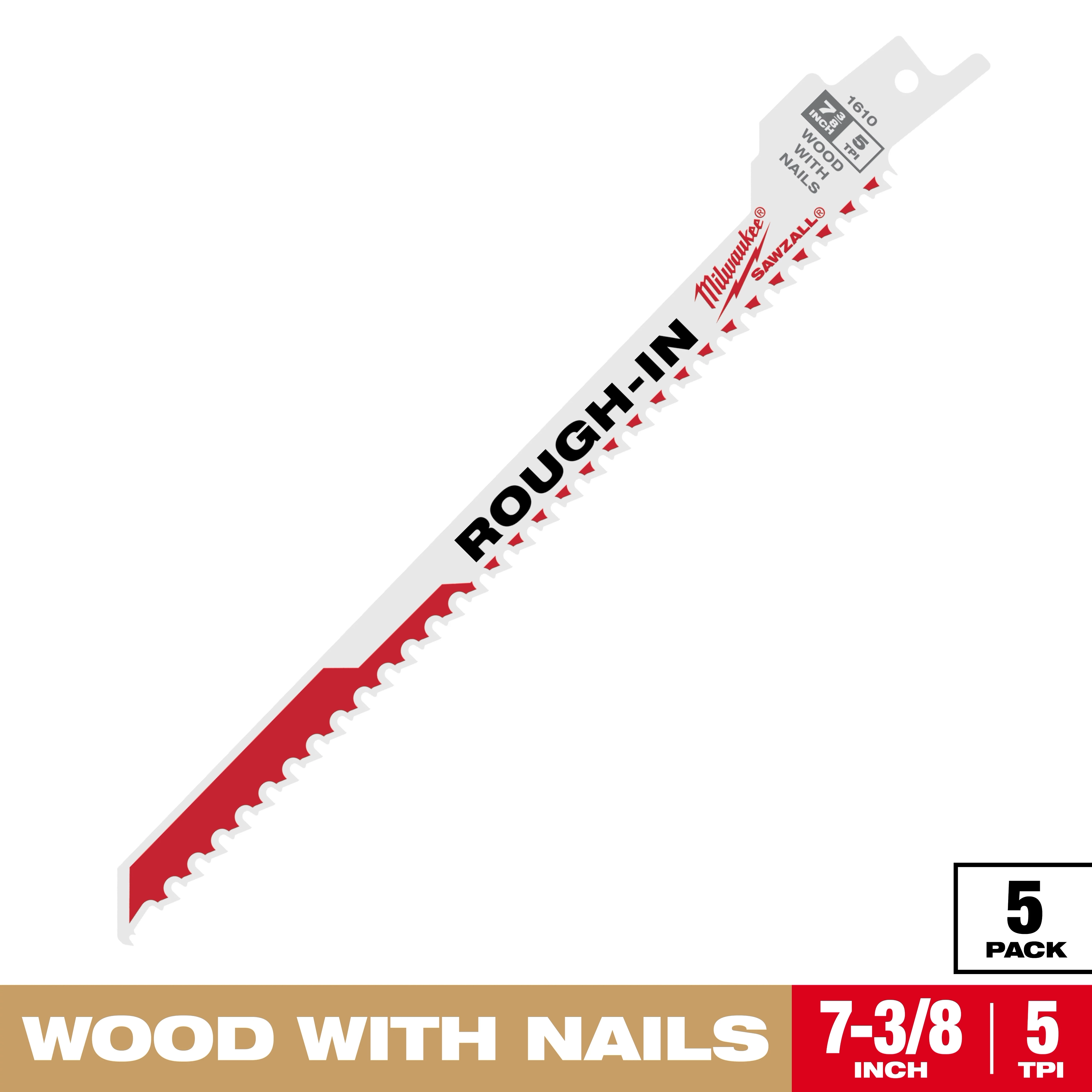 Milwaukee Sawzall Rough-In blade, 7-3/8 inch with 5 TPI, designed for cutting wood with nails. Package includes 5 blades.