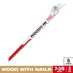Milwaukee Sawzall Rough-In blade, 7-3/8 inch with 5 TPI, designed for cutting wood with nails. Package includes 5 blades.