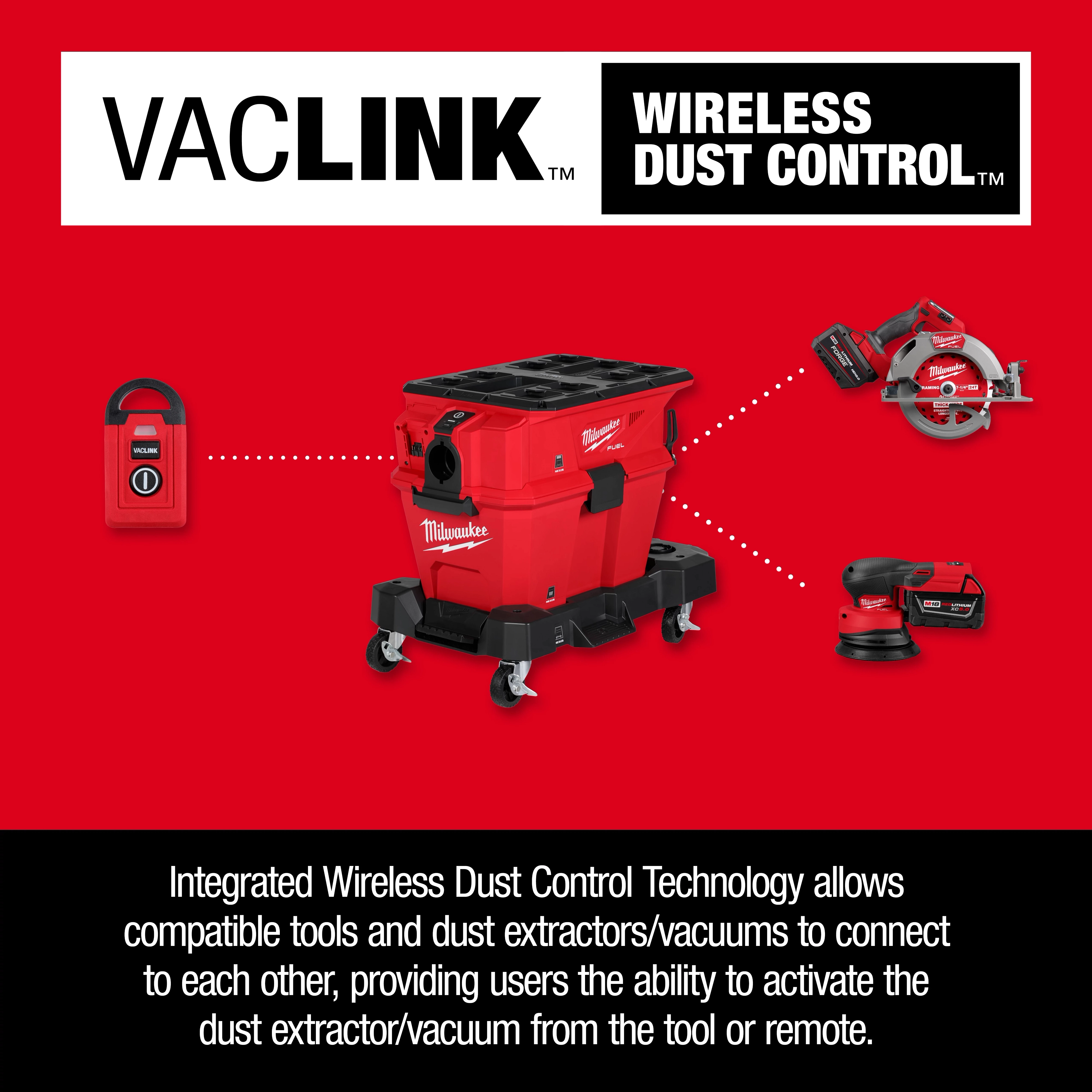 The M18 FUEL™ NEXUS™ 6 Gallon Wet/Dry Vacuum w/ PACKOUT™ Compatibility & VACLINK™ features integrated wireless dust control technology, connecting the vacuum to compatible tools, allowing remote or tool activation. Its red and black design is shown with other tools indicating wireless connectivity.