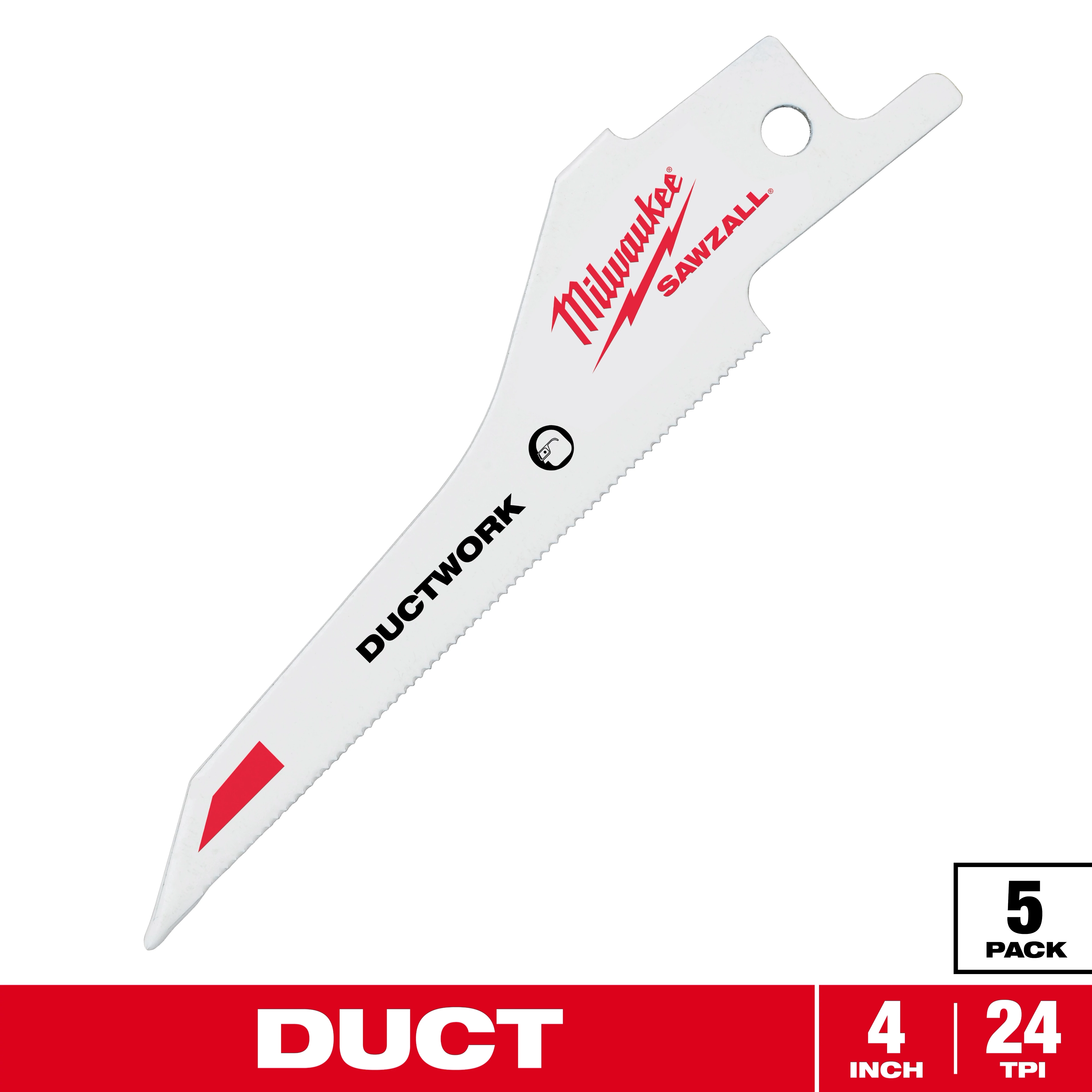 Milwaukee Sawzall ductwork blade, 4 inches long with 24 teeth per inch. The blade is white, marked with the Milwaukee logo, "DUCTWORK" text, and features a red stripe. The image indicates it is a 5-pack suitable for cutting ductwork material.