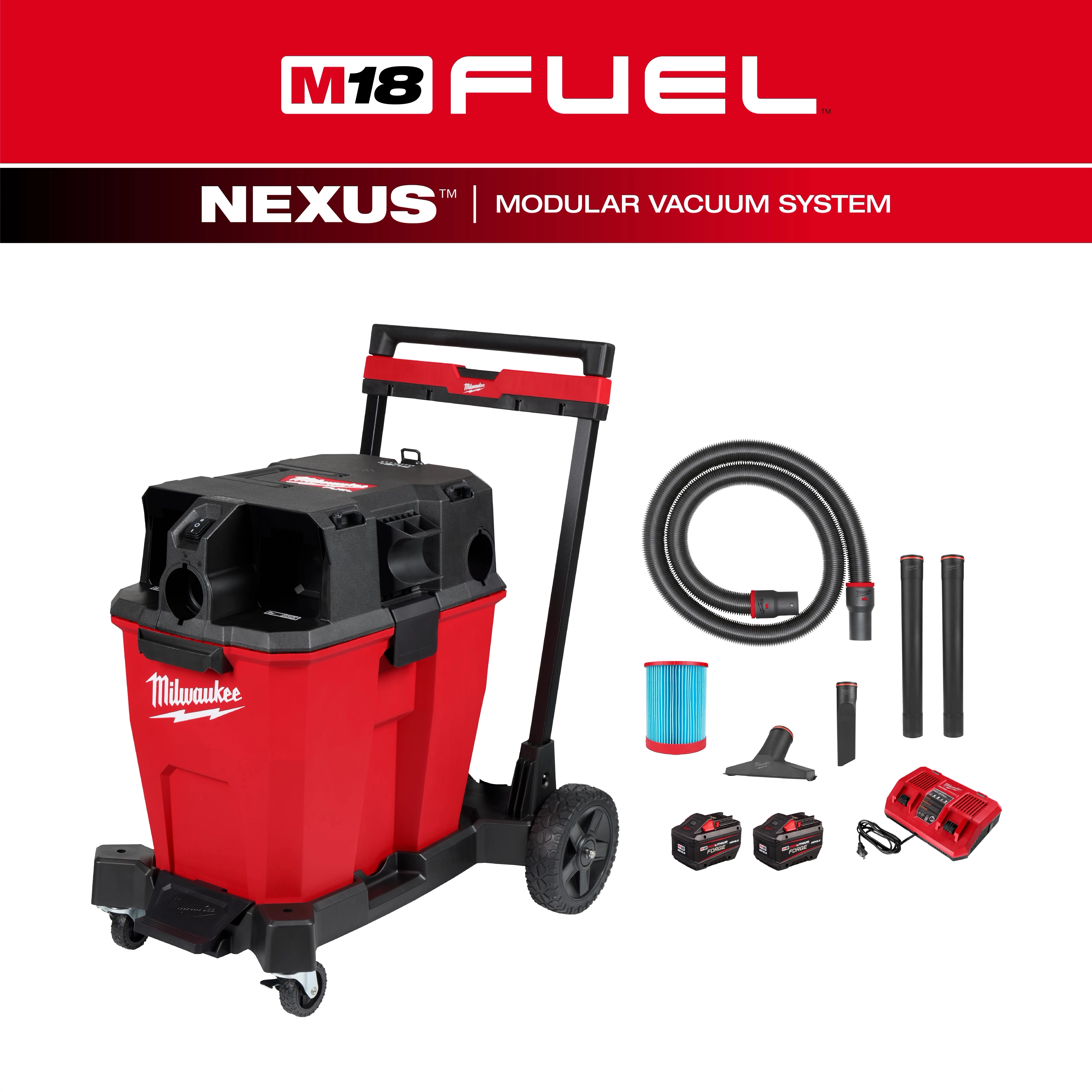 The M18™ FUEL™ NEXUS™ 12 Gallon Dual-Battery Wet/Dry Vacuum Kit includes a red and black vacuum, hose, filter, various attachments, two batteries, and a charger. It offers a modular vacuum system for versatile cleaning with a robust design, featuring large wheels and sturdy handle for mobility.
