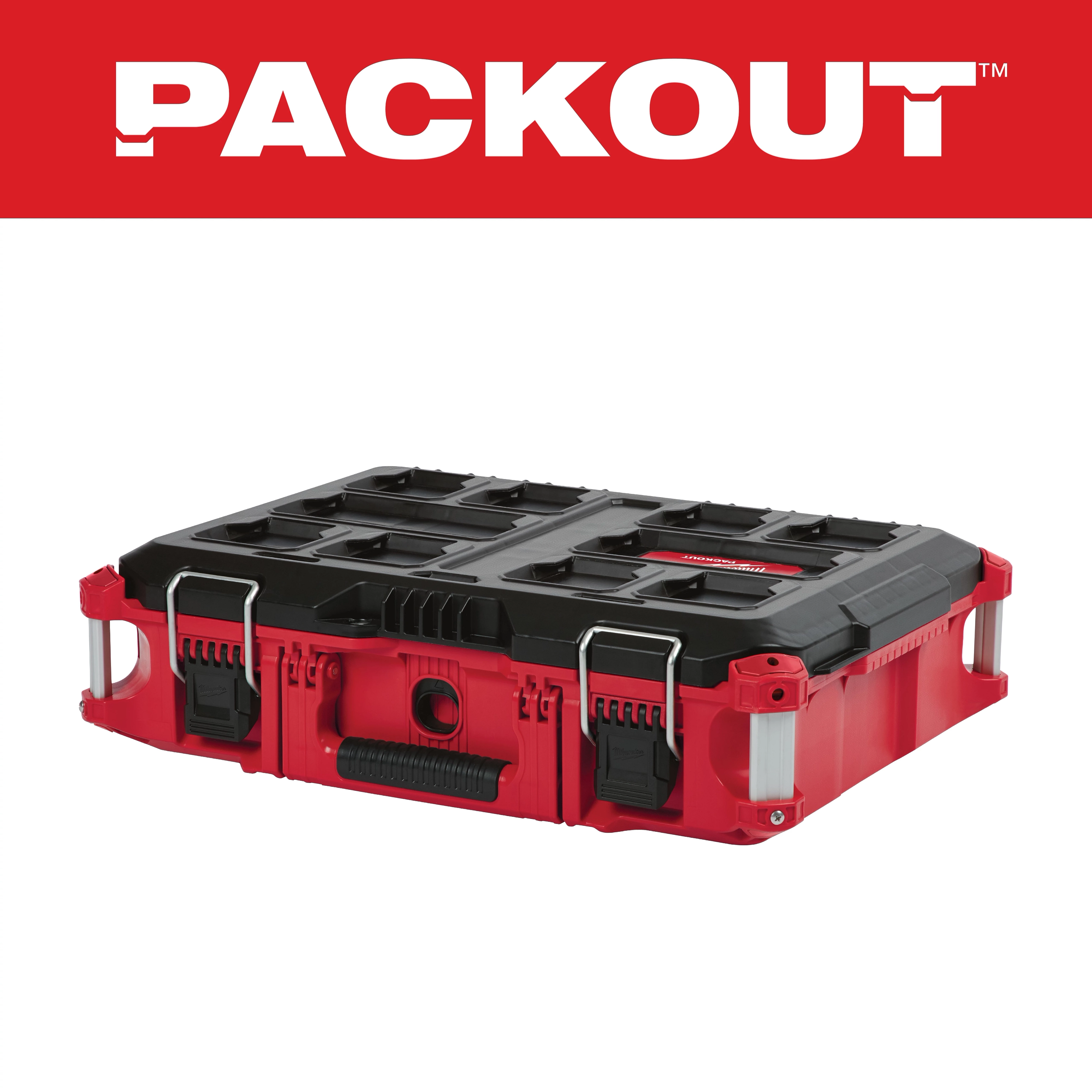 Red and black PACKOUT Tool Box with metal latches, carrying handle, and modular storage compartments, displayed against a white background.
