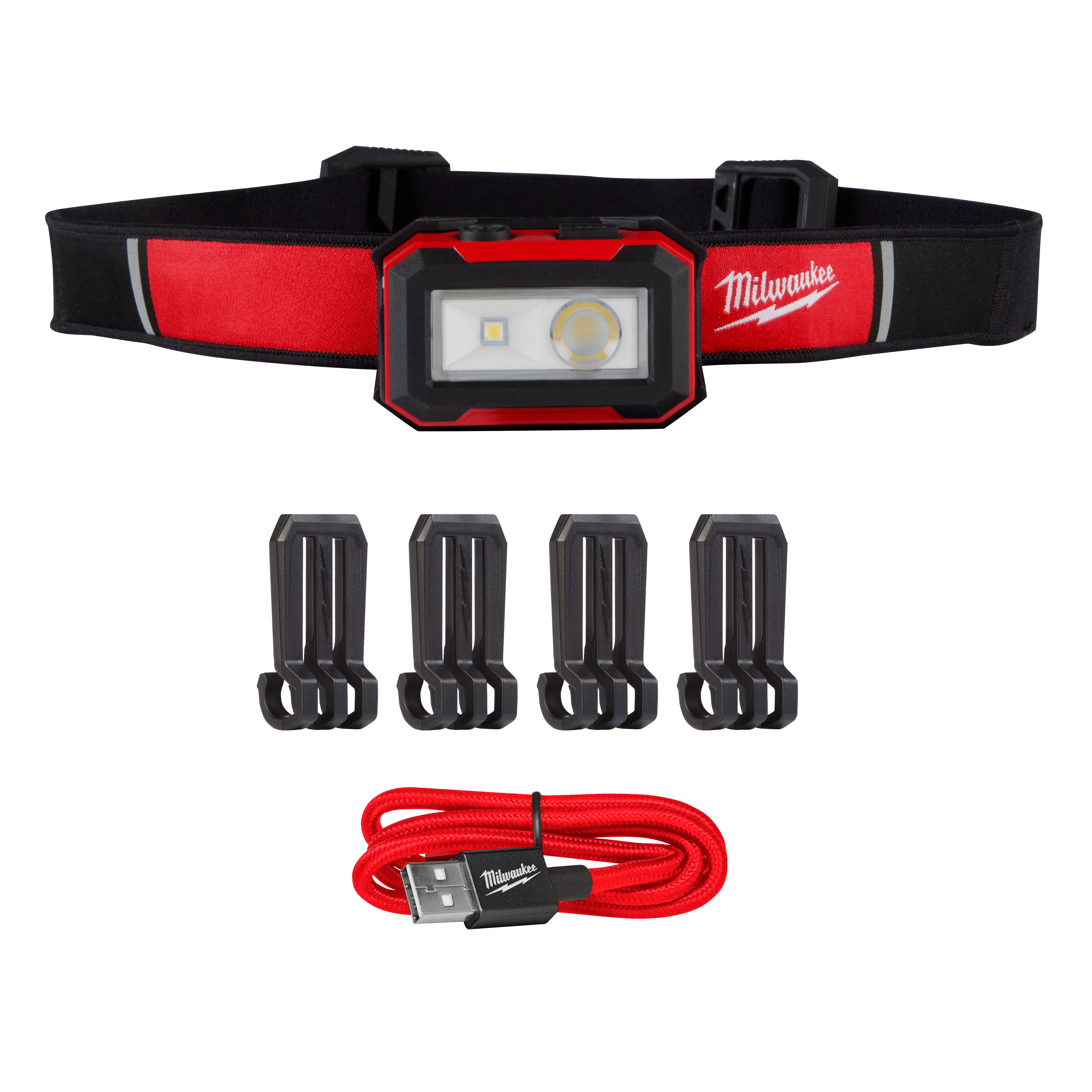 The Milwaukee® Rechargeable Magnetic Headlamp and Task Light set includes a red and black headlamp, four mounting clips, and a red USB charging cable. The headlamp features an LED light with a protective casing and an adjustable head strap.