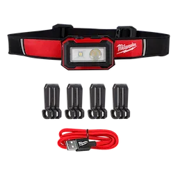 The Milwaukee® Rechargeable Magnetic Headlamp and Task Light set includes a red and black headlamp, four mounting clips, and a red USB charging cable. The headlamp features an LED light with a protective casing and an adjustable head strap.
