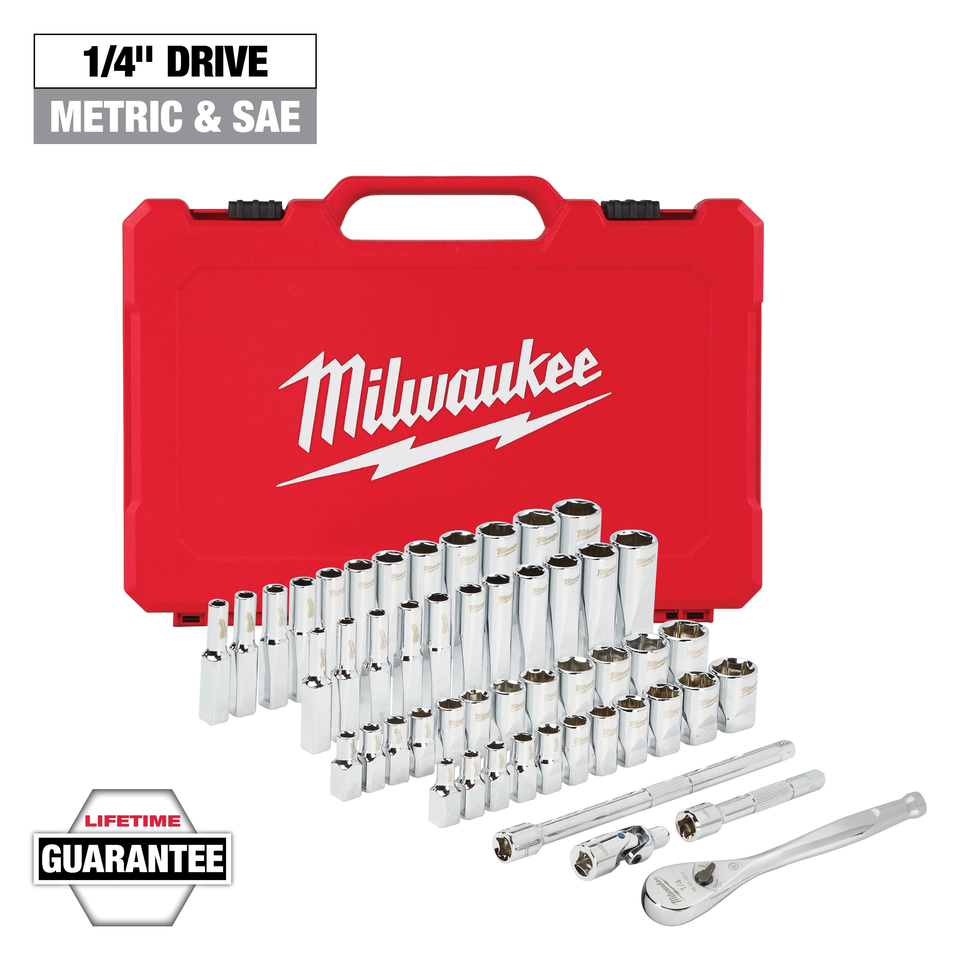 This image shows a Milwaukee 1/4" drive metric and SAE socket set in front of a red carrying case. The set includes multiple sockets, a ratchet, and extensions. The case features the Milwaukee logo. There is a "Lifetime Guarantee" badge shown in the lower left corner.