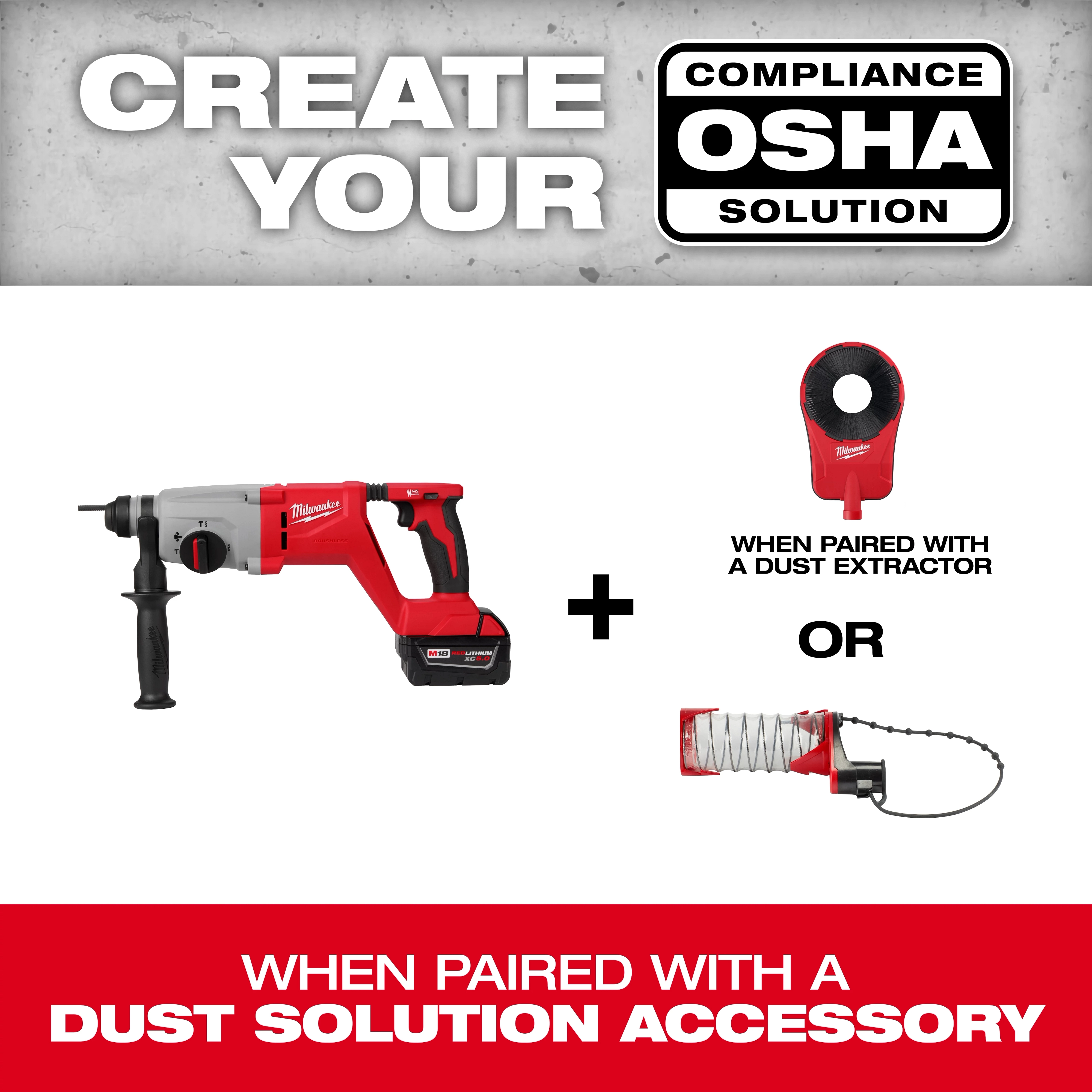M18 Brushless 1” SDS Plus D-Handle Rotary Hammer displayed with text about OSHA compliance when paired with dust solution accessory.