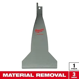 Milwaukee 3-inch scraper blade designed for material removal. The blade features a rectangular shape with a beveled edge and a hole for attachment. It comes in a single pack.