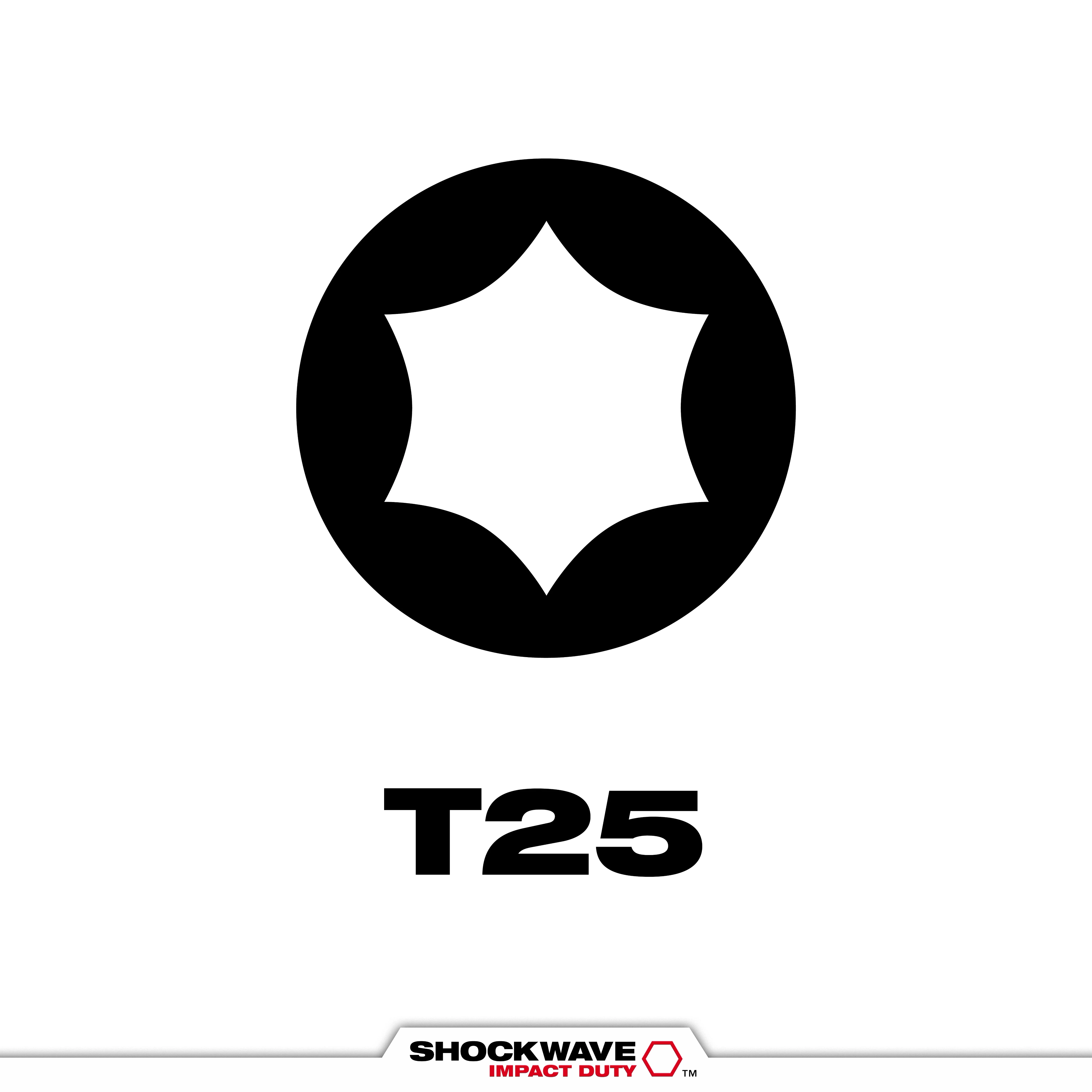 This image shows the SHOCKWAVE™ T25 Tip Type, featuring a black Torx T25 tip symbol and the label "T25" below it. The SHOCKWAVE Impact Duty logo is at the bottom.