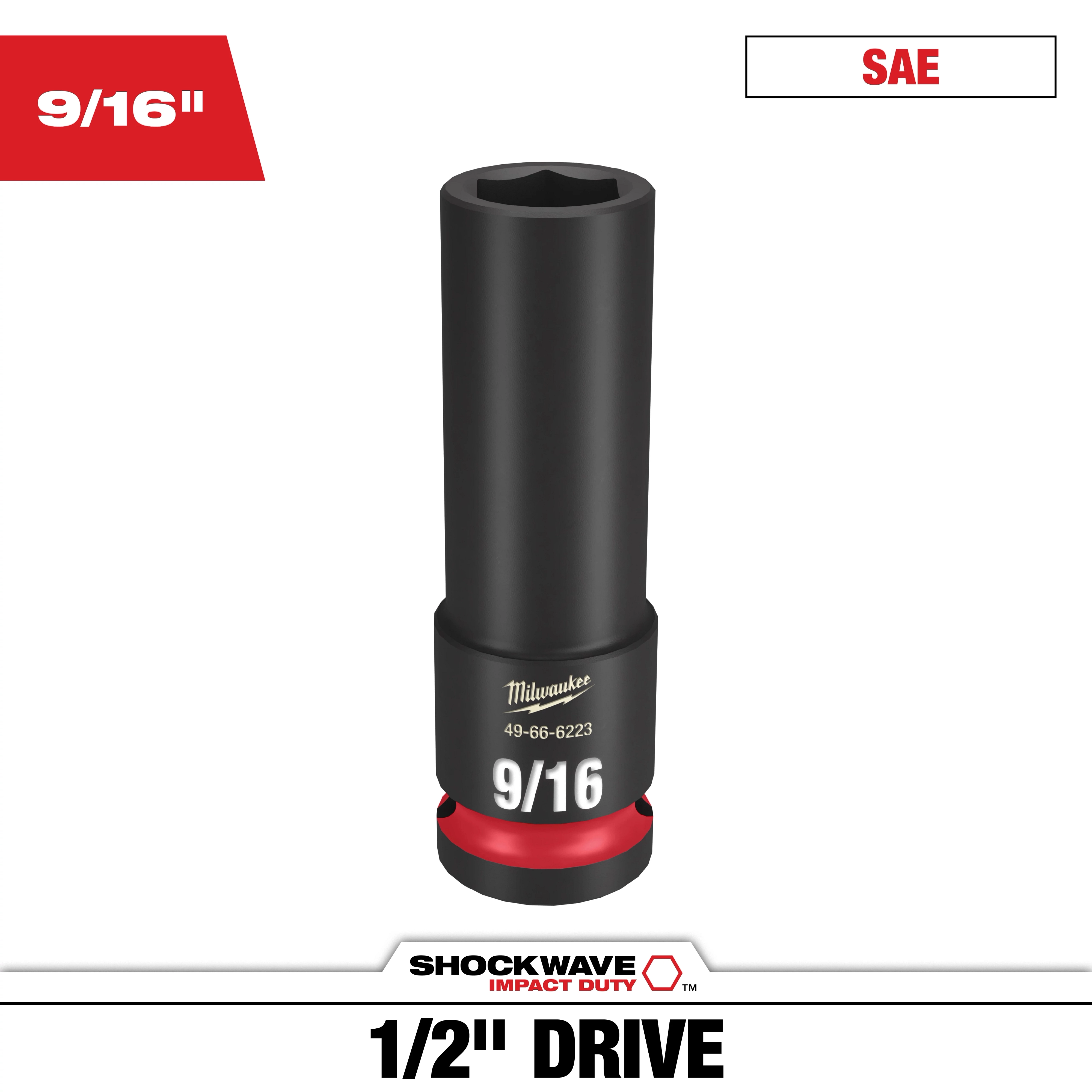 Milwaukee SHOCKWAVE 1/2 in. Drive 9/16 in. Deep 6 Point Impact Socket, 1 Pack, is a black socket with red accents. It features 1/2-inch drive, 6-point design, and is labeled with 9/16 and model number 49-66-6223. Suitable for impact duty applications.