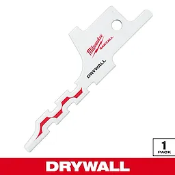 Milwaukee Sawzall drywall cutting blade with a white body and red wavy design. The blade has a unique tooth design for precise cuts. "Drywall" is printed in black, below the Milwaukee logo in red. The image also indicates it is a single pack.