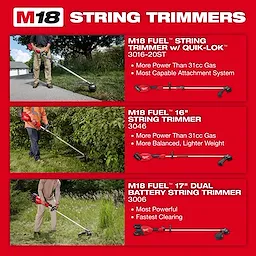 Promotional image showcasing three M18 string trimmers with features listed, operated by individuals, on a red background.