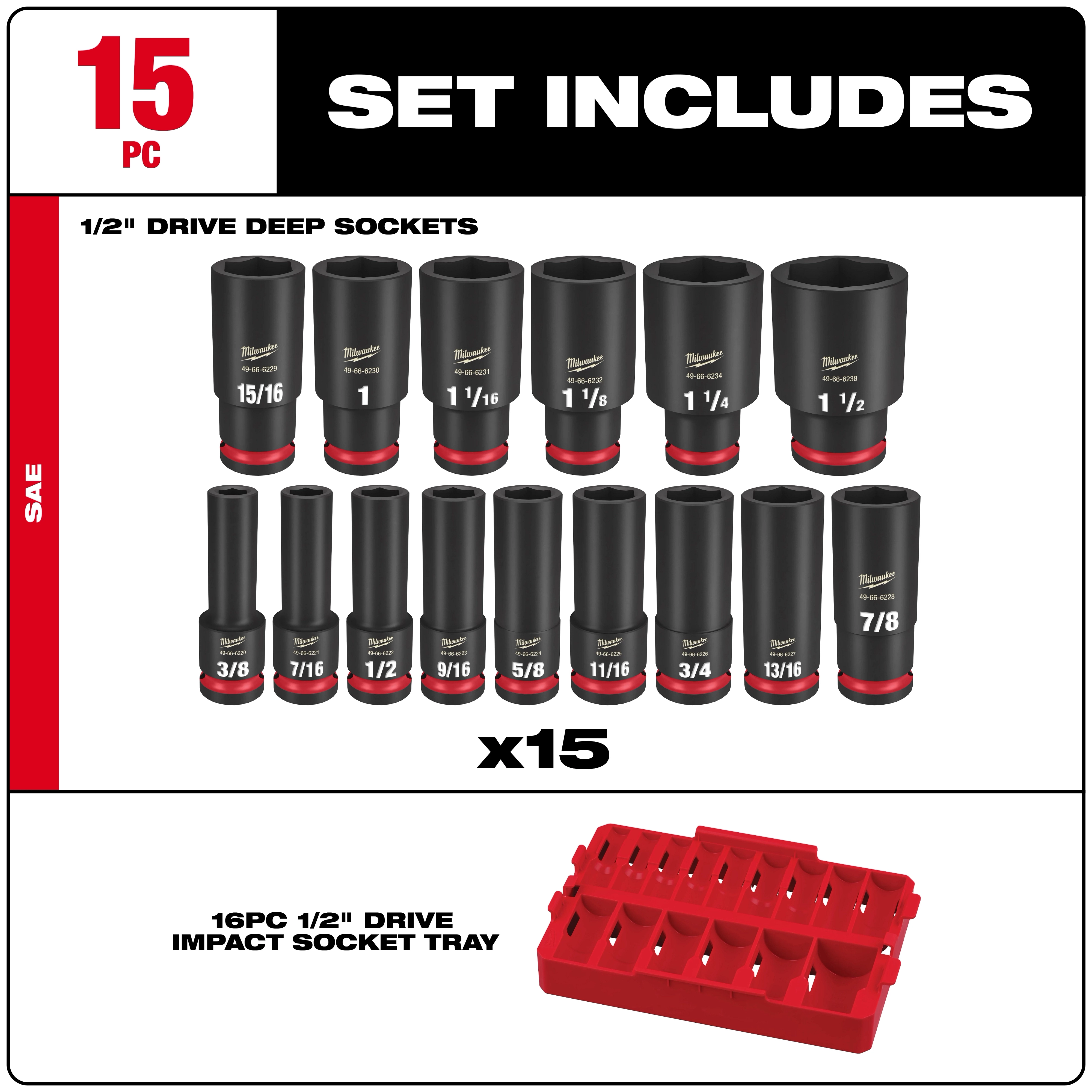 Milwaukee 15-piece 1/2" drive deep impact socket set includes sizes from 3/8" to 1-1/2". The sockets feature bold size markings and red rings for visibility. Also included is a red 16-piece socket tray for organization.