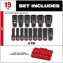 Milwaukee 15-piece 1/2" drive deep impact socket set includes sizes from 3/8" to 1-1/2". The sockets feature bold size markings and red rings for visibility. Also included is a red 16-piece socket tray for organization.