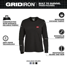 Women’s GRIDIRON™ Pocket T-Shirt - Long Sleeve Black is constructed with durable fabric, moisture-wicking material, anti-odor technology, and reinforced seams. It features a front pocket, broken-in comfort and is available in gray, blue, and black. Designed for trade-focused durability and comfort.