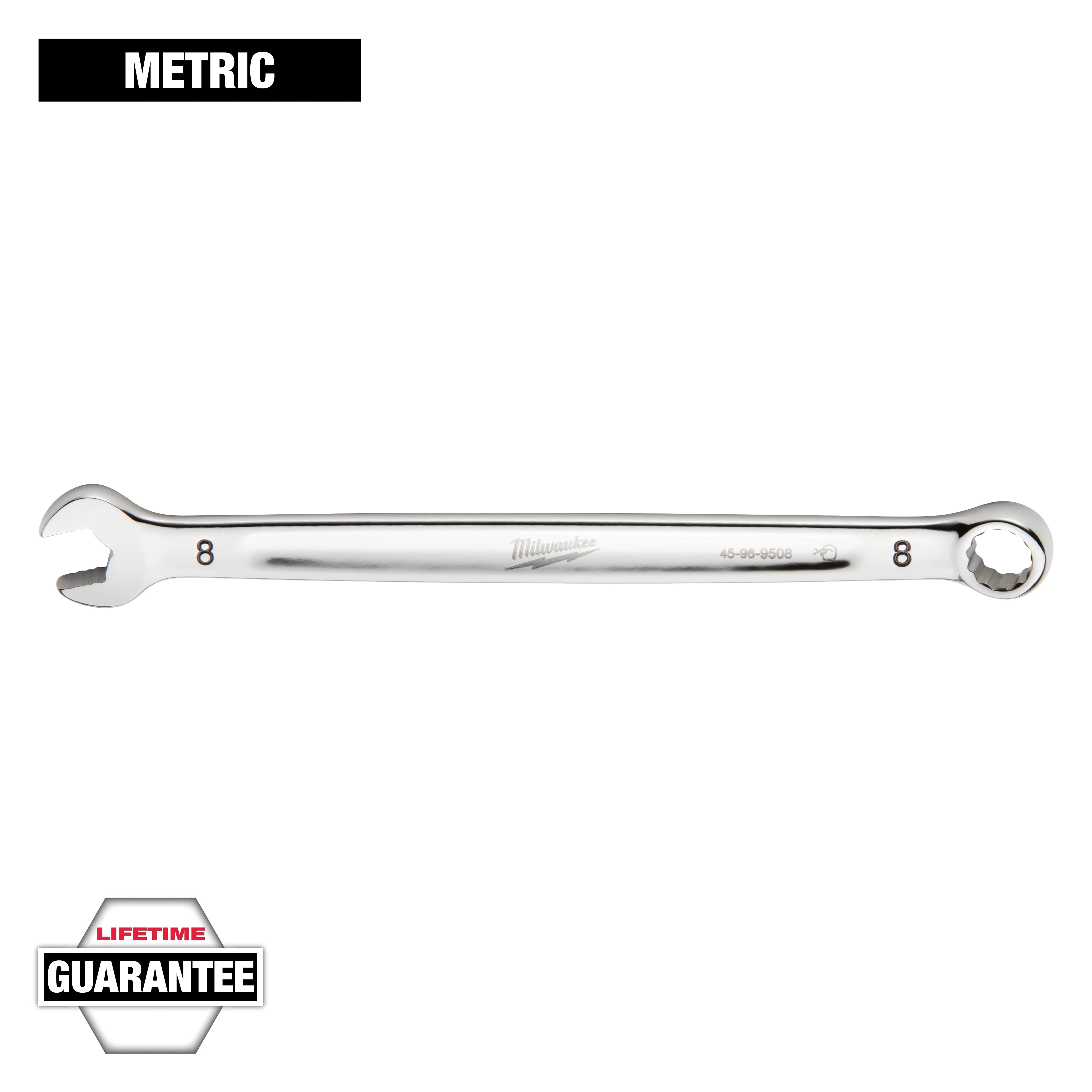 This image features a Milwaukee metric wrench, size 8, with an open-end and a box-end. The lifetime guarantee badge is displayed in the bottom left corner. The word "METRIC" is shown at the top. The tool's polished metal surface is visible against a white background.