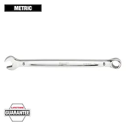 This image features a Milwaukee metric wrench, size 8, with an open-end and a box-end. The lifetime guarantee badge is displayed in the bottom left corner. The word "METRIC" is shown at the top. The tool's polished metal surface is visible against a white background.