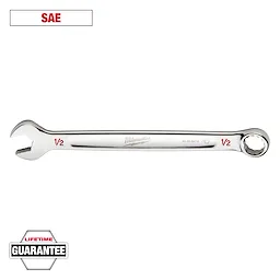 A Milwaukee 1/2-inch SAE combination wrench is shown with an open-end and a box-end. The wrench has a chrome finish with the fraction 1/2 printed in red. A "Lifetime Guarantee" badge is in the bottom left corner.