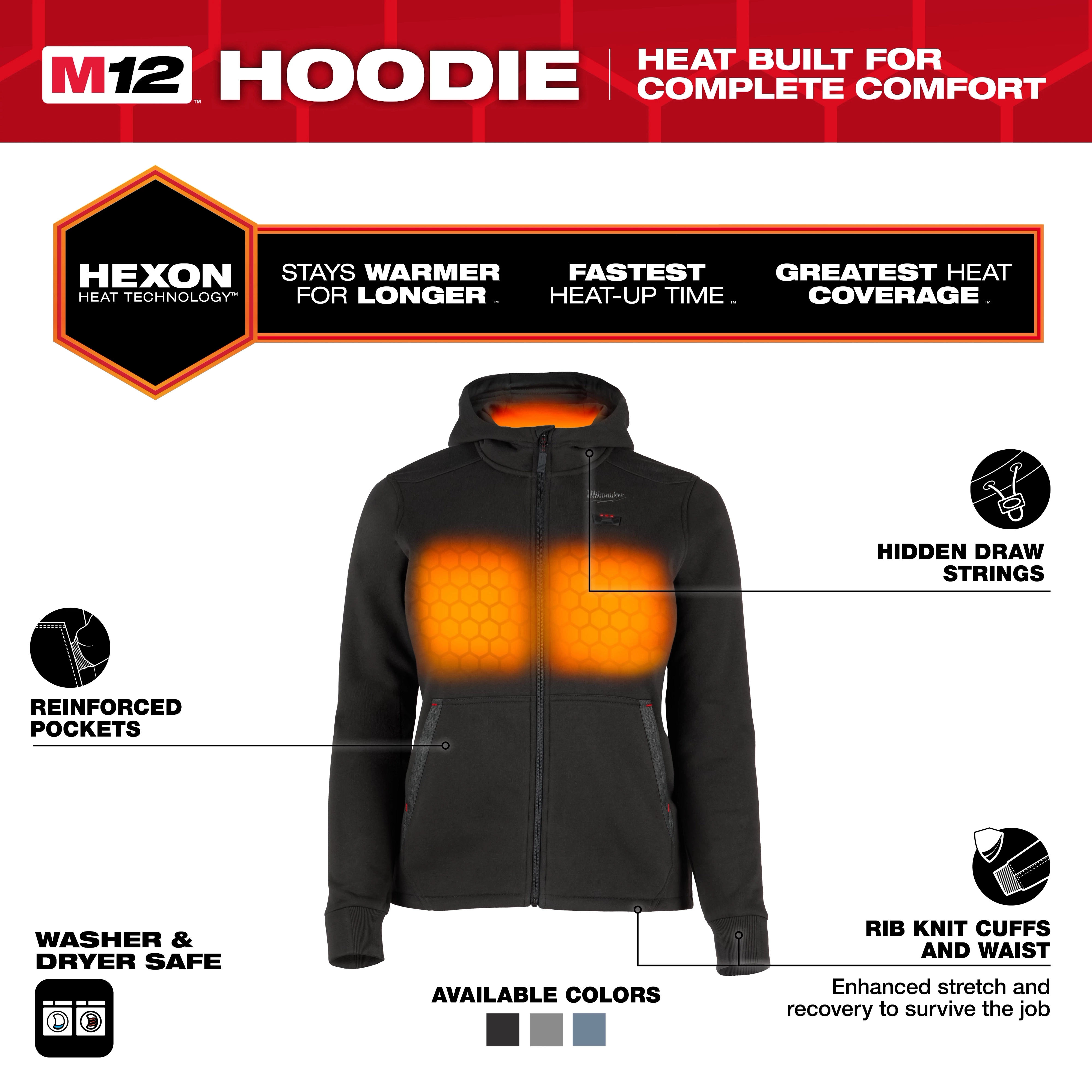 M12™ Heated Hoodie in black with Hexon heat technology for warmth and comfort. Features include reinforced pockets, hidden drawstrings, rib knit cuffs and waist for stretch and recovery. Available in multiple colors, washer, and dryer safe. The product offers the fastest heat-up time and greatest heat coverage.