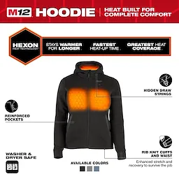 M12™ Heated Hoodie in black with Hexon heat technology for warmth and comfort. Features include reinforced pockets, hidden drawstrings, rib knit cuffs and waist for stretch and recovery. Available in multiple colors, washer, and dryer safe. The product offers the fastest heat-up time and greatest heat coverage.