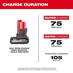 M12(tm) HIGH-OUTPUT(tm) XC5.0 Battery Charge Duration