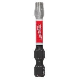 The image displays a SHOCKWAVE™ 2" Impact Duty TORX® T30 Power Bit by Milwaukee. It has a hexagonal base with a red and black design, and the Milwaukee logo is visible on the red section.